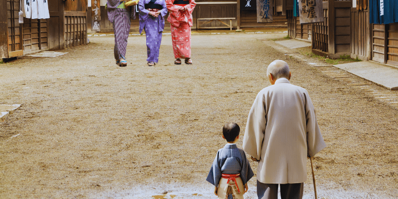 孫と測量している忠敬