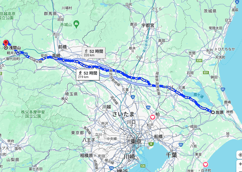 佐原から浅間山の距離スクショ